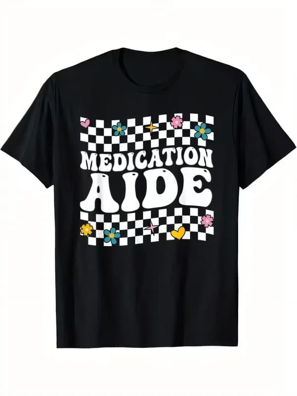Medication Aide Graphic T-Shirt Checkerboard Retro Print Short Sleeve Tee Nurse Healthcare Support Humor Medical Staff Shirt Funny Gift Apparel