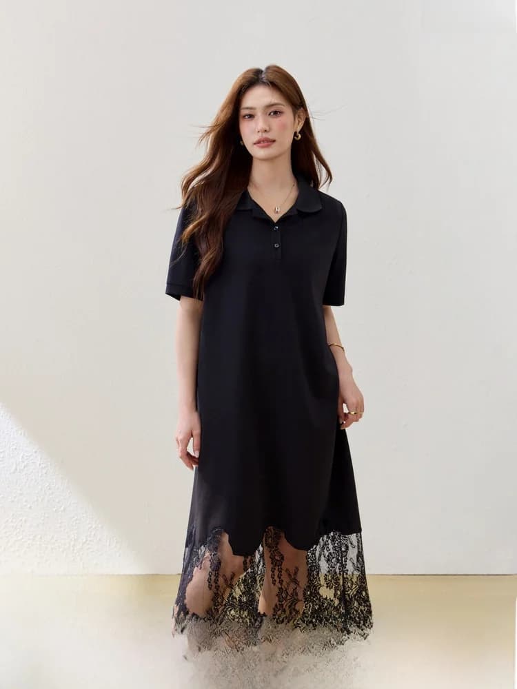 Elegante Abito Midi a Trapezio con Inserti in Pizzo, Taglie Forti, da Donna, Design Estivo alla Moda, Stile Lusinghiero per il Lavoro