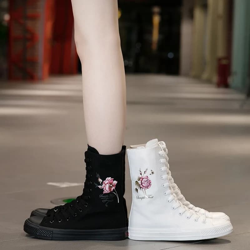 Women's Canvas Boots Long Boots Zip Shoes Flats Platform High Top Lace-Up Zipper Comfortable Vulcanize Sneakers Breathable Flats