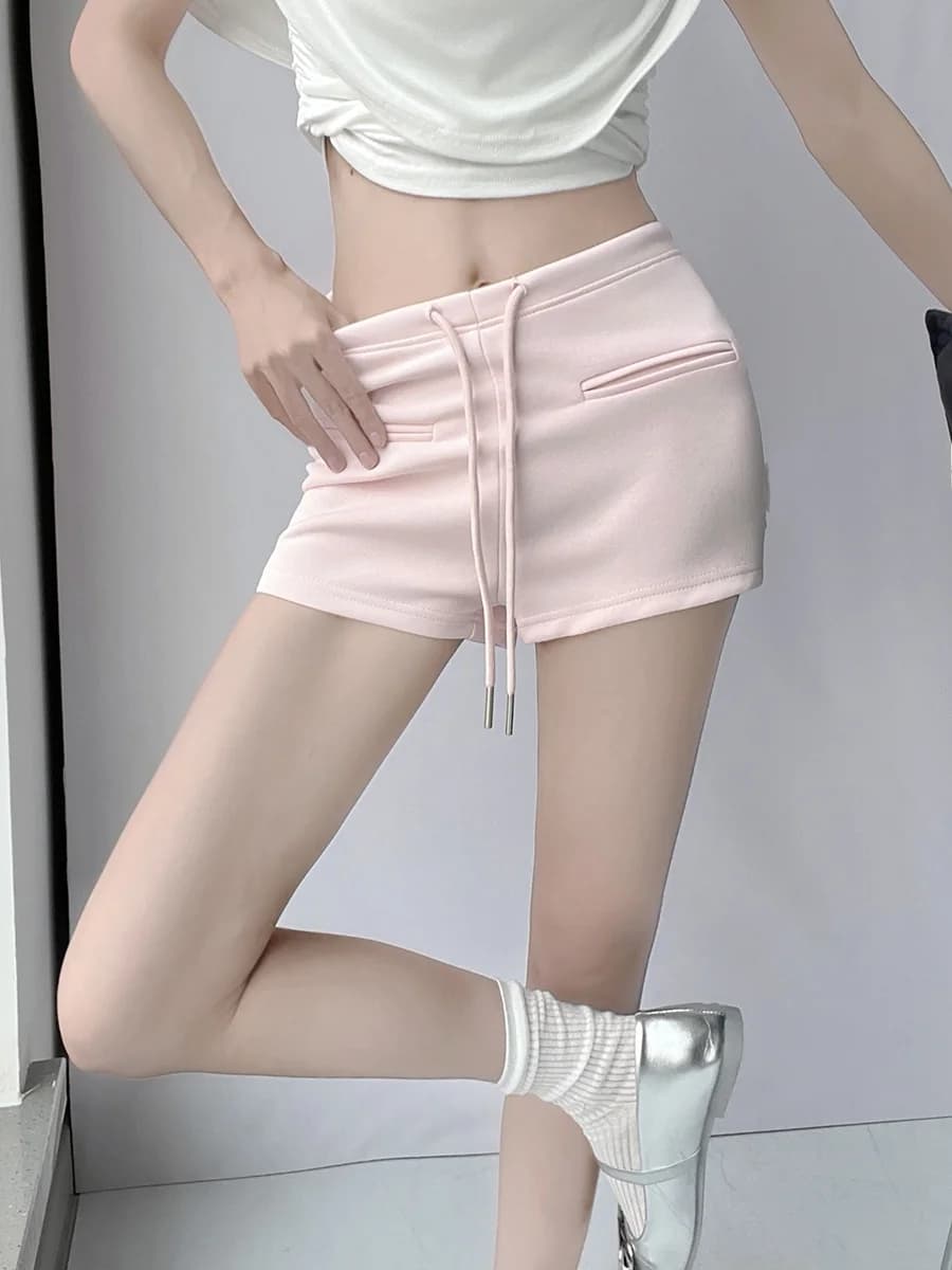 Pantaloncini Sportivi Comodi a Vita Bassa, Aderenti con Coulisse, Stile Americano, Tasche Frontali, Design Sottile, per Casa e Tempo Libero