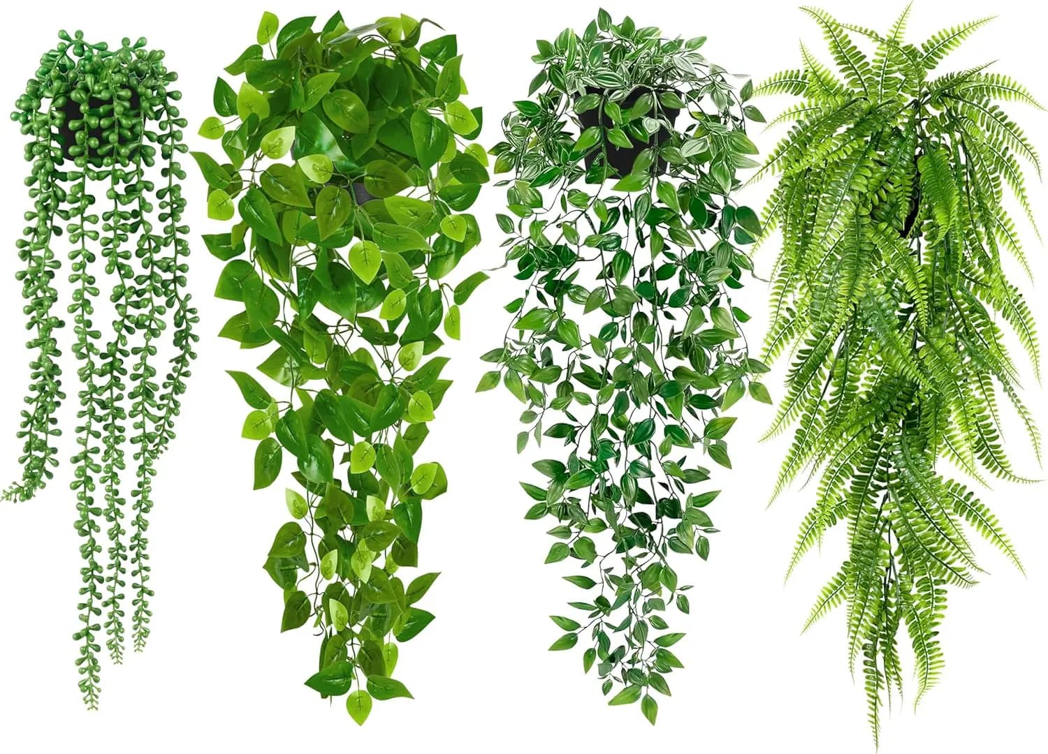 Set di 4 Piante Artificiali Pendenti: Mandala Vine, String of Pearls, Edera, Felce Persiana in Vasi Neri per Decorazione Casa