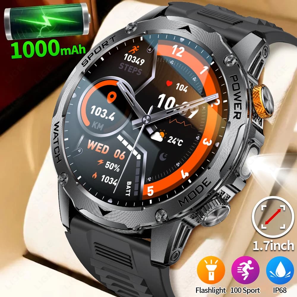 LIGE Uomo Outdoor Militare Astuto Della Vigilanza Ultra 1000mAh Batteria IP68 Impermeabile Braccialetto Intelligente Torcia Bluetooth Chiamata Smartwatch