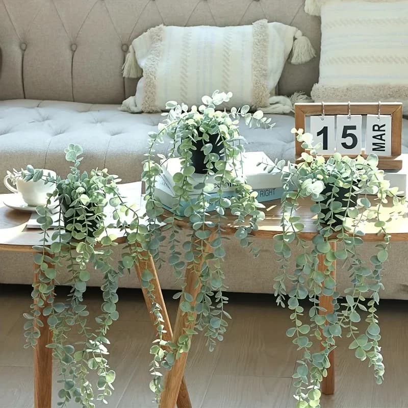 2Pcs 2026 New 9-Branch Grey-Green Artificial Eucalyptus Hanging Plant with Pot for Wall Room Indoor Outdoor Shelf Decoration