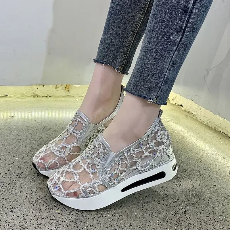 Women's Lace Moccasin Shoes Sole with Autumn Platform Height Growing Breathable Mesh White Casual Slip-On Flats Office Daily Walks