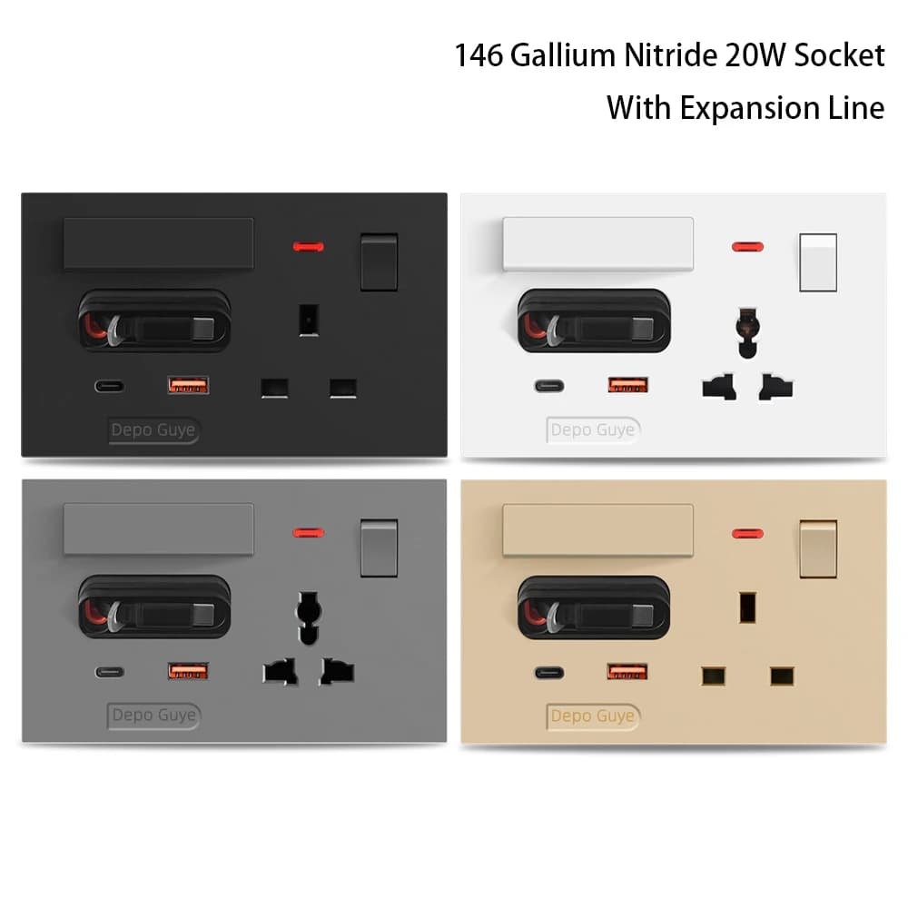 Presa a muro UK 13A con presa di ricarica rapida USB Type-C da 20 W Adattatore da parete intelligente universale con cavo di ricarica espandibile