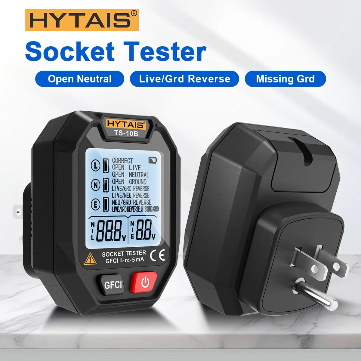 HYTAIS Digital Grip Tester Intelligent Battery Power Detector Large Backlight EU Plug USA UK Terra Live Zero Line Polarity Phase Control