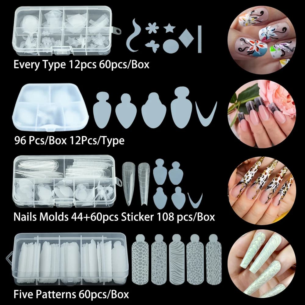 36/60/96/108pcs Strumento per unghie Forme francesi Adesivi in silicone riutilizzabili Sistema di stampi per unghie confezionato in scatola per decalcomanie Strumenti per manicure gel per unghie
