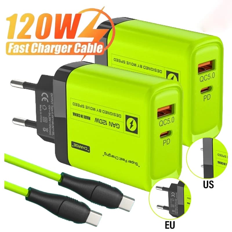 Kit caricabatterie USB C a 2 porte da 120 W Spina da muro verde Adattatore UE/USA/Regno Unito Ricarica rapida Cavi dati USB tipo C doppi Per iPhone iPad