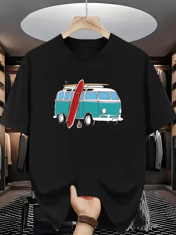 Vintage 1960s Retro Surf Van Graphic Print Short Sleeve Black T-shirt Men Women Beach Culture Style Summer Casual Cotton Tee