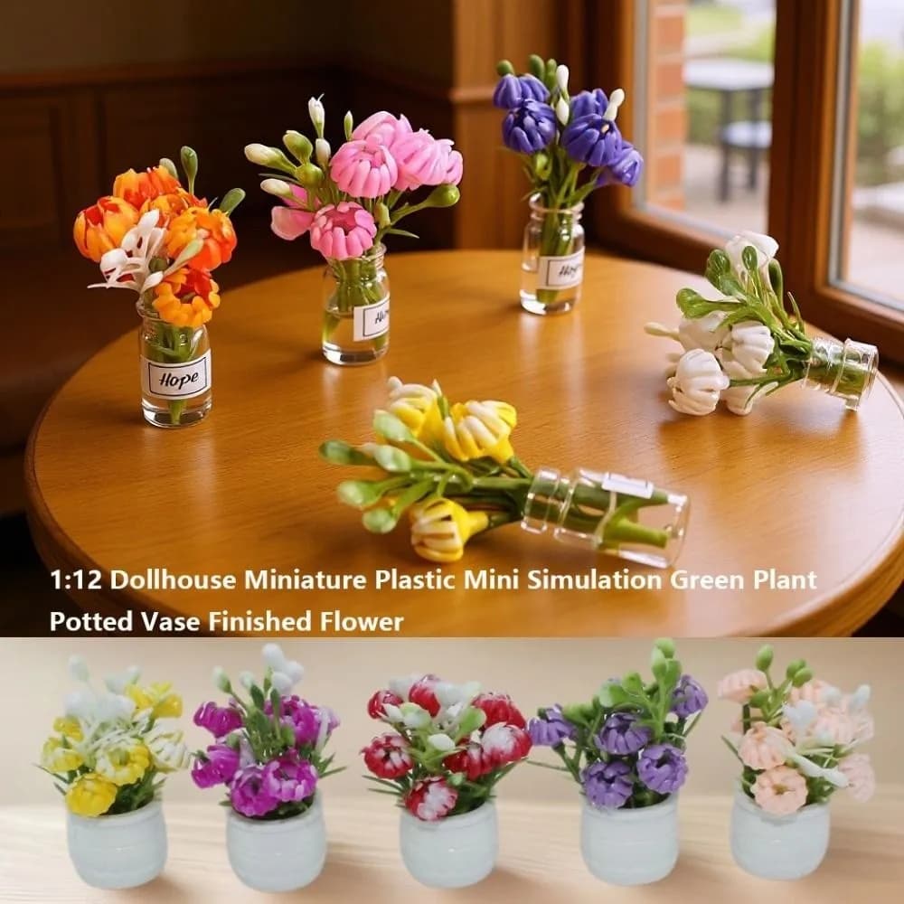 1:12 Dollhouse Miniature Plastic Mini Simulation Green Plant Potted Vase Finished Flower Outdoor Doll House Model Accessories