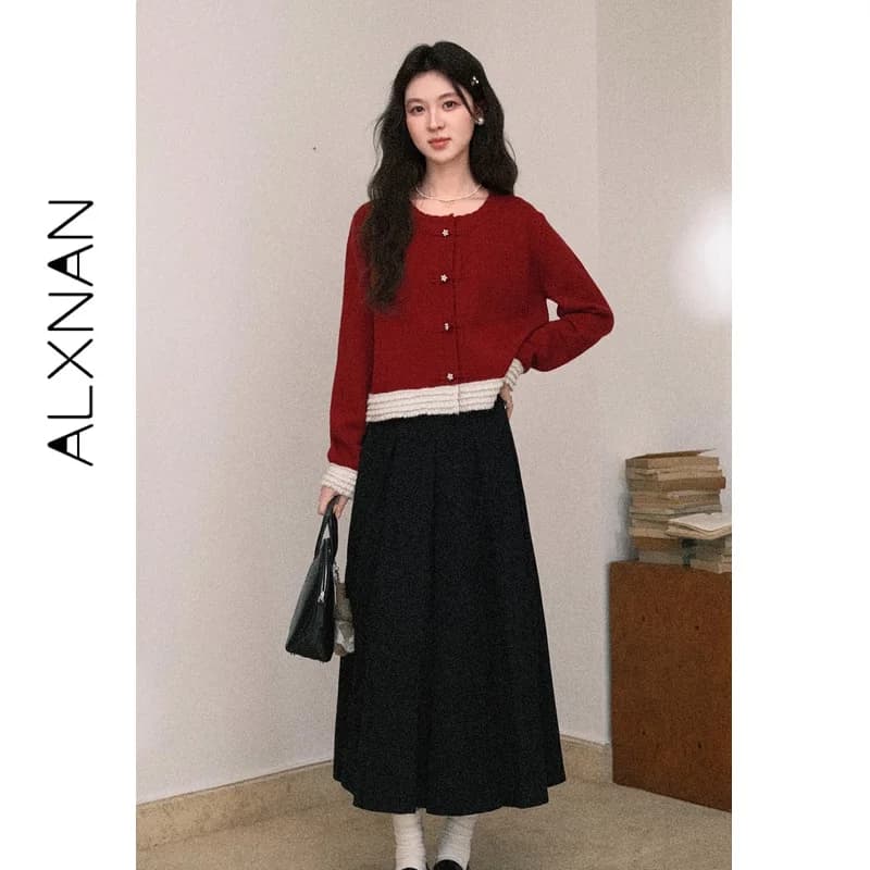 Cardigan da Donna ALXNAN Rosso Natalizio Stile Cinese Elegante Maglione Corto 2026 in Maglia con Fodera in Pile e Bordo in Pizzo L59529