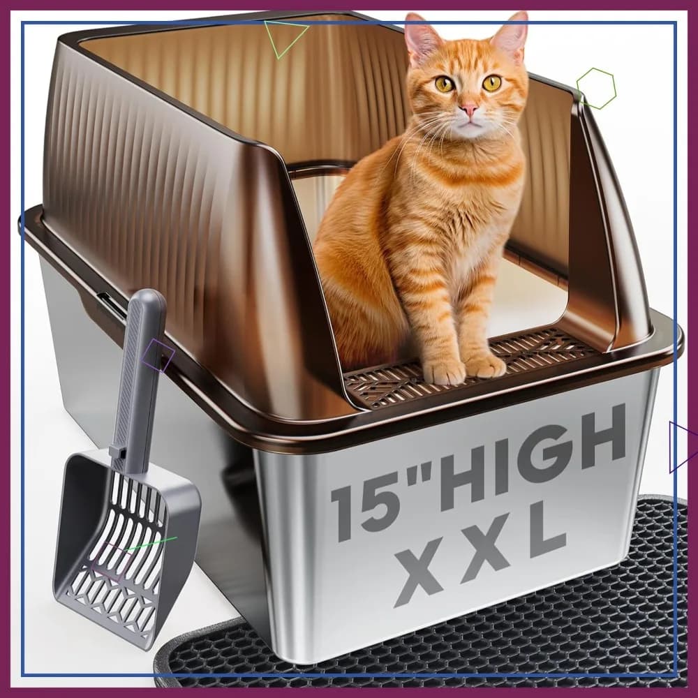 Lettiera per Gatti XXL in Acciaio Inossidabile, con Coperchio e Bordi Alti 38 cm, Anti-Perdita, Antiaderente, Facile da Pulire, Include Paletta