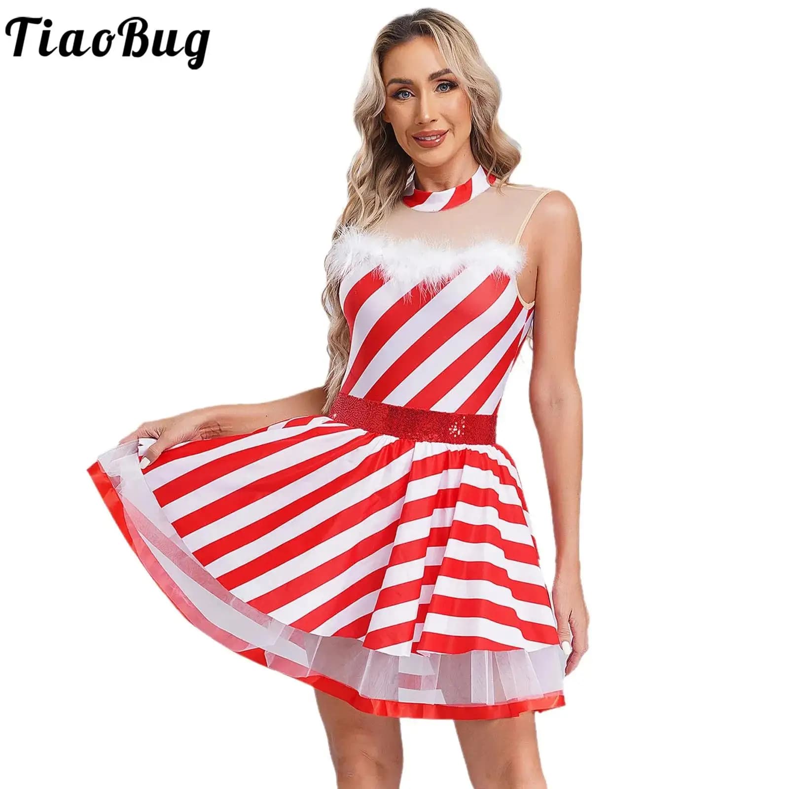 Abito da donna natalizio con bastoncino di zucchero Miss Santa Costume cosplay con paillettes Body a righe Tutu Balletto Pattinaggio di figura Abito da ballo
