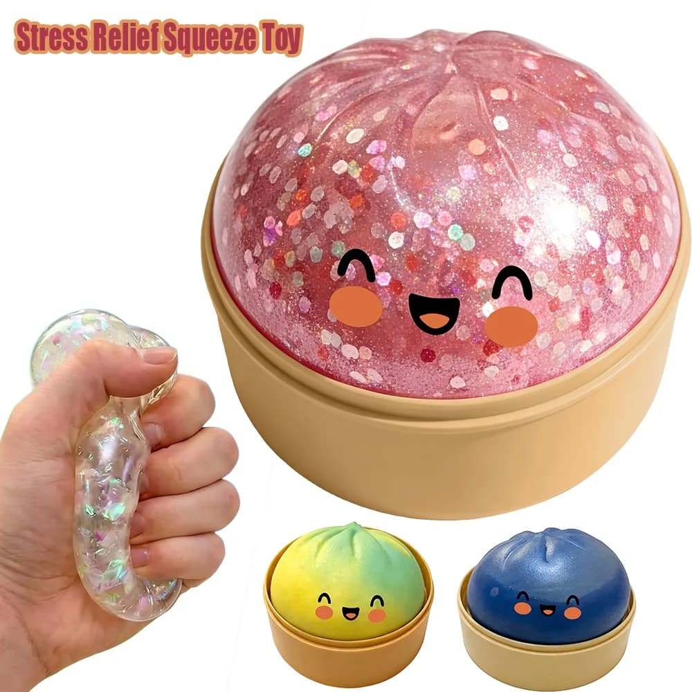 Giocattolo Antistress Kawaii a Forma di Raviolo con Faccina Sorridente, Palla Spremibile, Base per Vaporiera, Regalo di Compleanno per Ragazze, Ragazzi e Adulti, Blu Glitterato