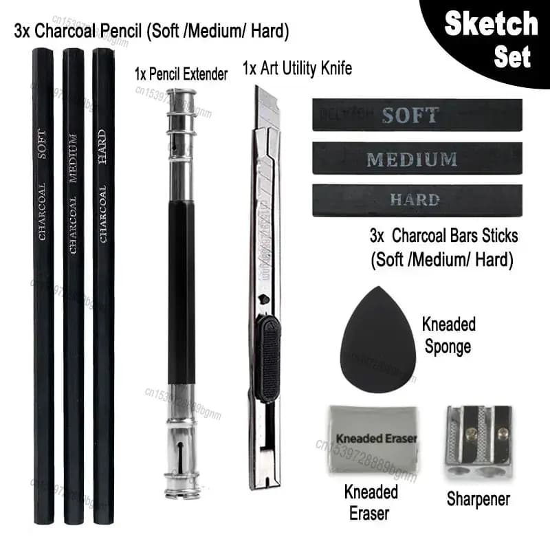 11Pcs Art Set Sketch Charcoal Graphite Pencil Soft Medium Hard Bar Stick Sharpener Kneaded Eraser Sponge Blender Drawing Tool