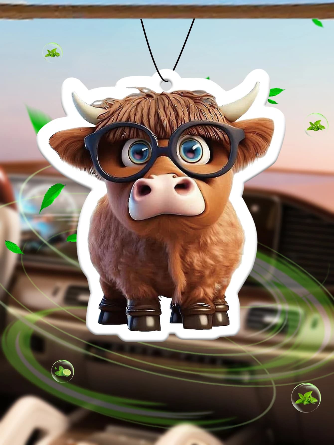 Deodorante per Auto a Forma di Mucca Highland con Occhiali, Profumo Hotel Intercontinental (Profumo di Hotel) | Supporto per Specchietto Retrovisore e Clip per Bocchetta dell'Aria a Doppio Uso | Compresse per Aromaterapia in Materiale Naturale | Fragranza a Lunga Durata per 90 Giorni | Senza alcol | Non teme l'esposizione diretta al sole | Progettato specificamente per la rimozione degli odori in auto, armadi e bagni. | Grafica Animata per Cartoni