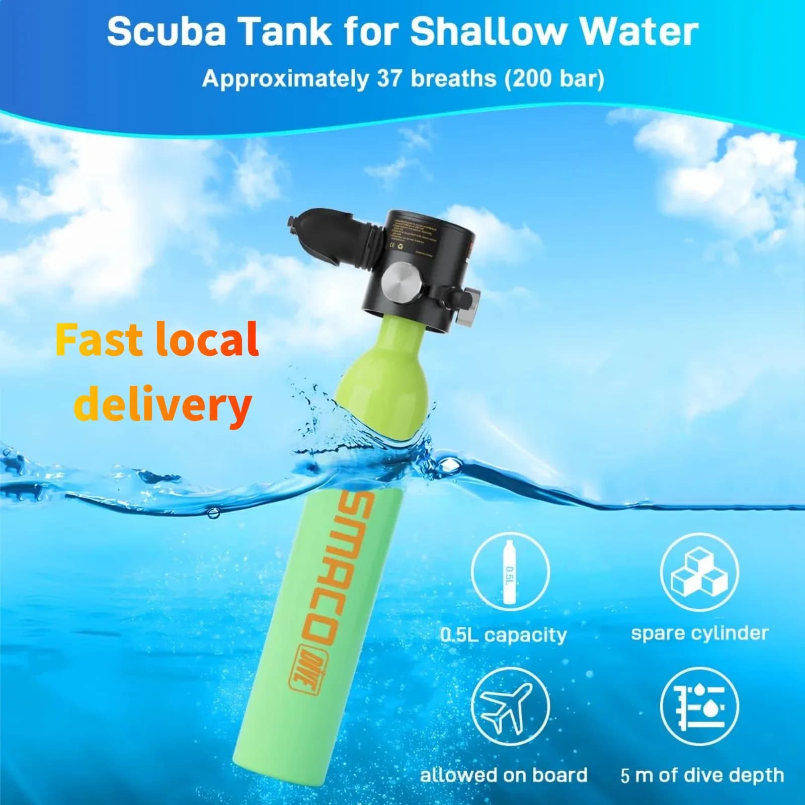 Bombola subacquea mini SMACO S300 da 0,5 litri con adattatore, adatta per immersioni, snorkeling e come bombola di riserva