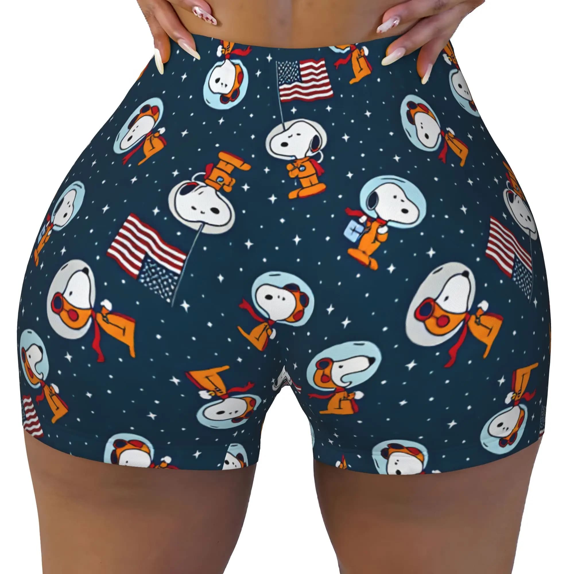 Astronaut Snoopy American Flag Gym Volleyball Biker Shorts Women's Cartoon Beagle Workout Yoga Shorts