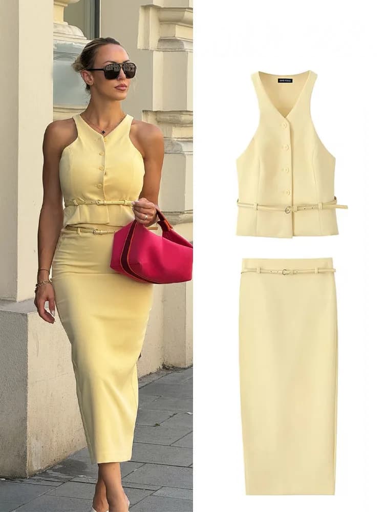 HH Abito da donna alla moda Giallo con scollo a V Cintura senza maniche Top con petto lungo + Cintura con tasca a vita alta Gonne lunghe Set estivo femminile