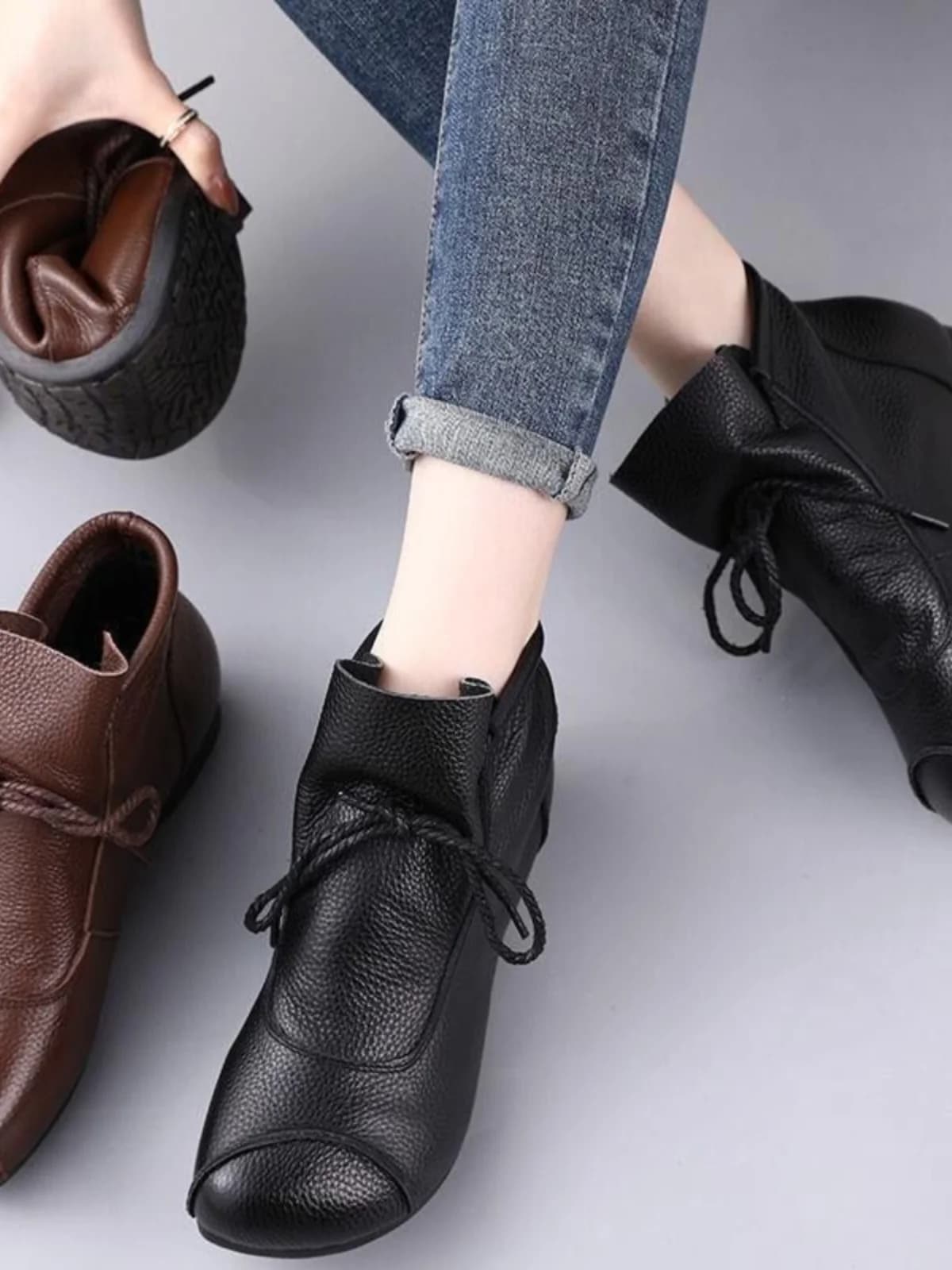 Primavera New Sle Casual Pelle Piatta Bot ort Stivali Etnici Sle Stivali da donna Soft Bot Retro Mamma Stivali Faionable ro...