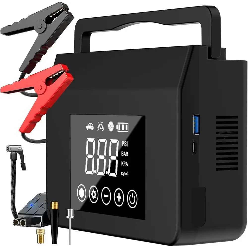 Avviatore di Emergenza 4000A con Compressore d'Aria, Gonfiatore Pneumatici 150PSI, Power Bank 12V e Luce LED