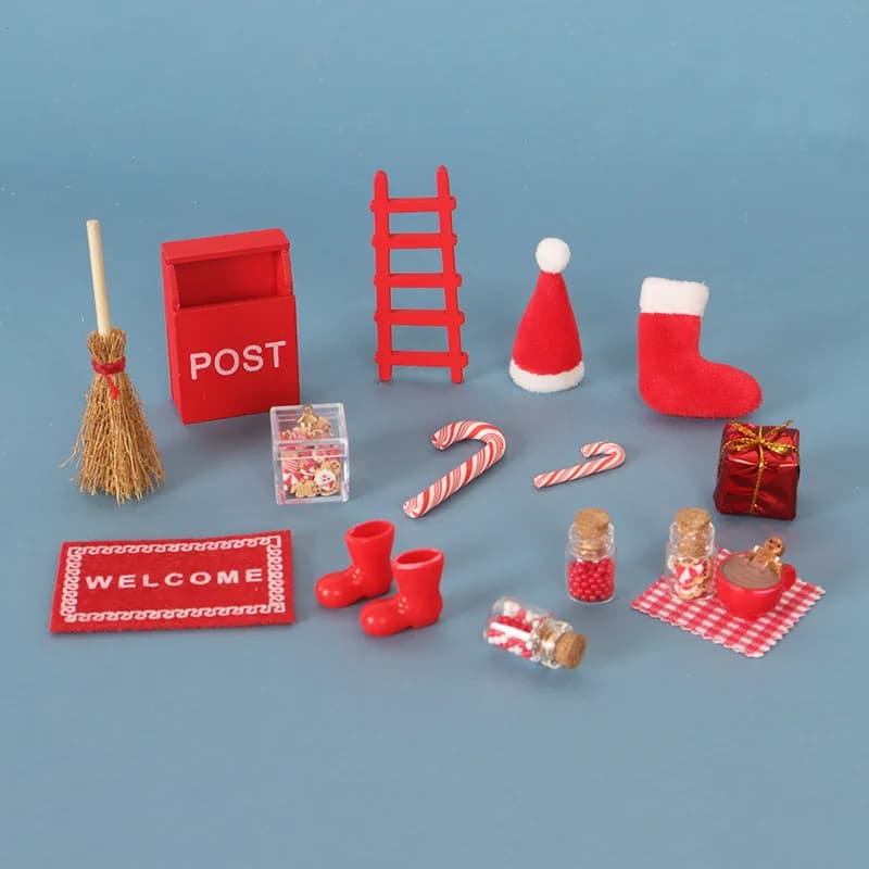 Dollhouse Christmas Scene Decor Set, Mini Santa Socks & Candy Cane Accessories, DIY Miniature Kit for OB11 Doll Holiday Layout