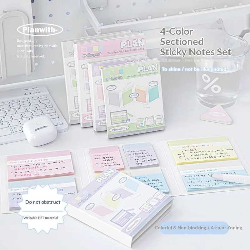 Planwith Colorful Transparent Sticky Notes 4 Color Divided Self Adhesive Memo Pad For Office Notebook Annotation