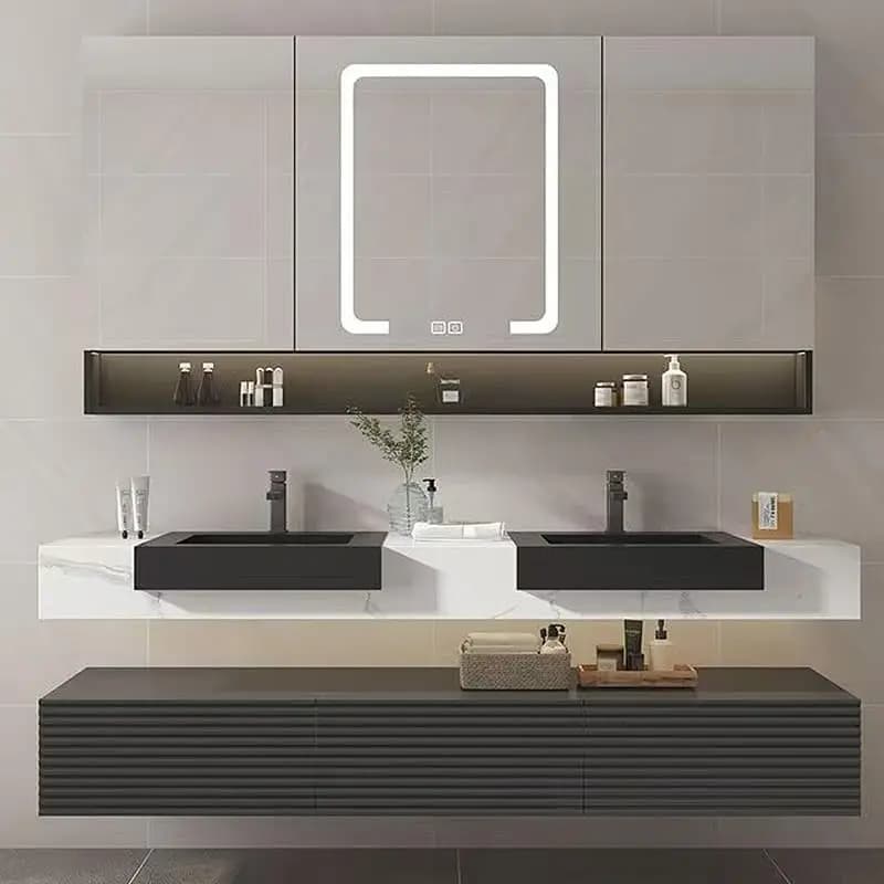Mobile Bagno Moderno da Parete per Hotel con Specchio LED Illuminato, Doppio Lavabo in Ceramica e Piano d'Appoggio