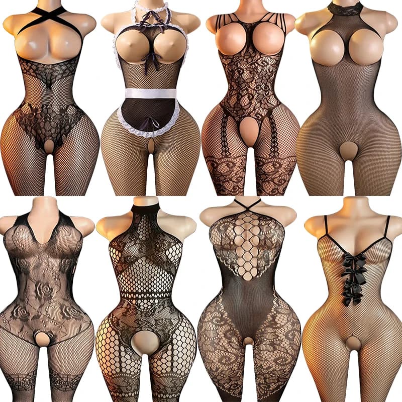 Completo Intimo Sexy in Pizzo a Rete Trasparente per Donna - Body Monopezzo con Calze a Rete e Pigiama Seducente