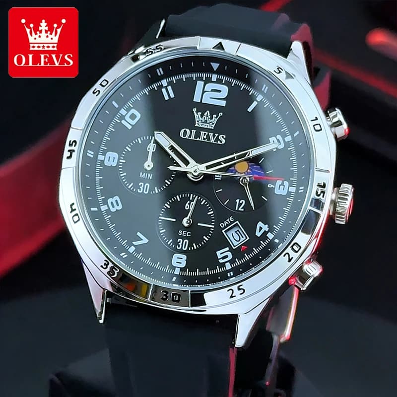 OLEVS Orologi da uomo Moda casual Multifunzionale Cronografo con fasi lunari Data Orologio da polso al quarzo originale per uomo Impermeabile
