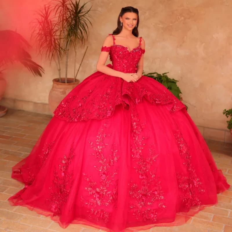 Rosso lucido Abiti stile Quinceanera Abito da ballo con spalle scoperte Applique Perline di pizzo Tull Corsetto Festa di compleanno Dolce 16 Abiti