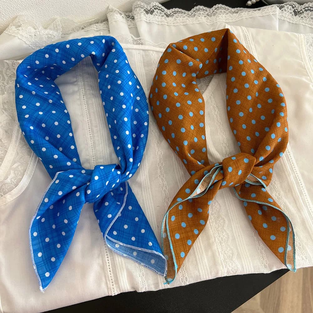 Foulard quadrato in cotone e lino da 55x55 cm, a pois, per collo o testa, elegante e decorativo, per donna