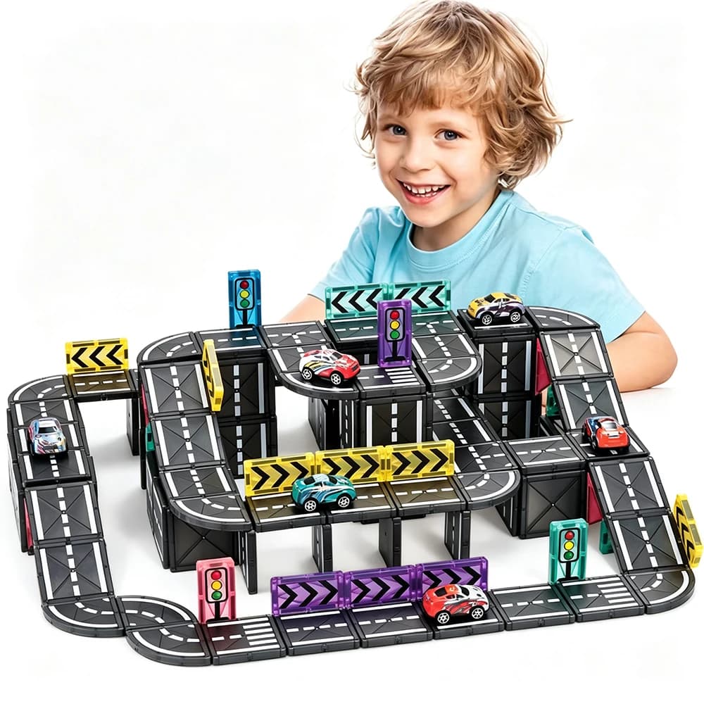 5.5cm Tracks Cars Magnetic Tiles Road Toys Kids Magnetic Blocks Car Ramp Construction Set Building Tile Sensory Games STEM Toys