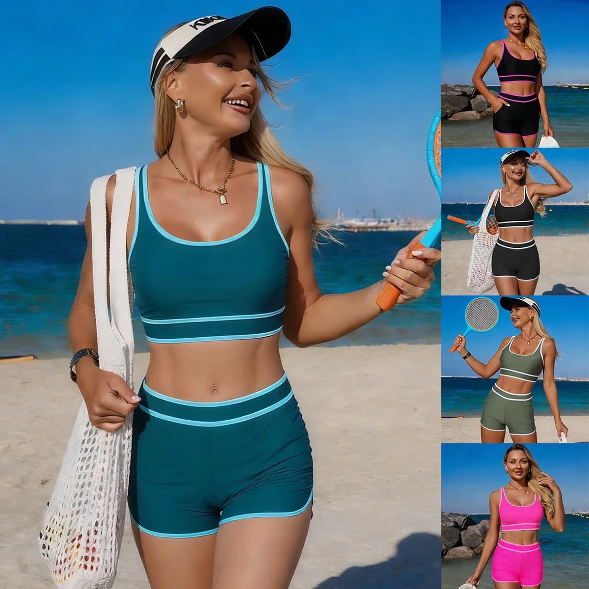 Bikini Verde Oliva, Top Corto Senza Maniche, Shorts a Vita Alta, Bikini Teal, Costume da Bagno Due Pezzi Nero Tinta Unita, Mini Top Corto, Costume da Bagno Rosa
