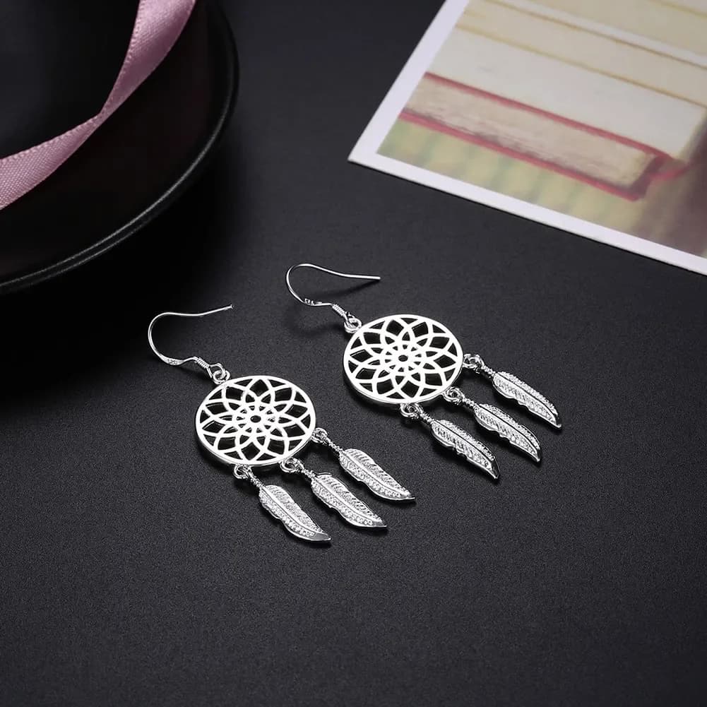 925 Sterling Silver Charms Dream catcher feathers earrings for woman fashion party wedding accessories Jewelry Holiday gifts