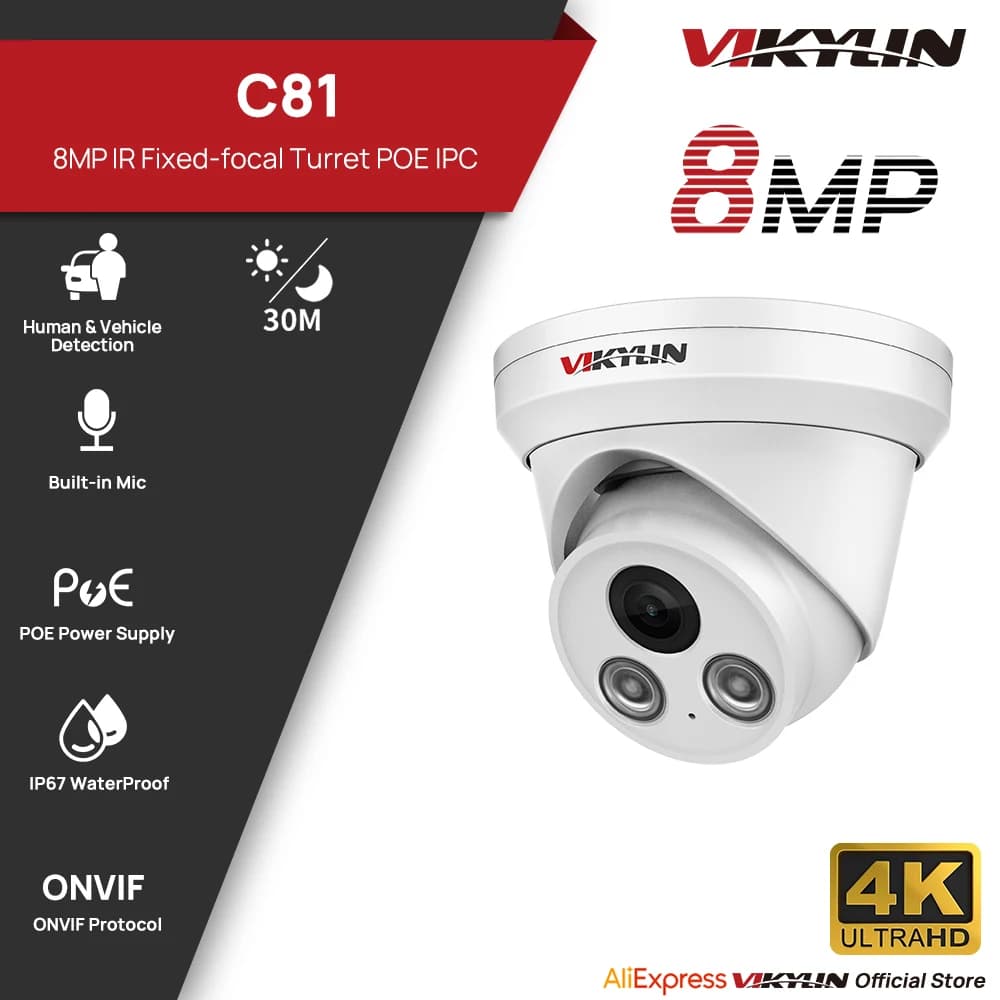 Telecamera IP VIKYLIN 8MP con Luce IR per Esterni, POE H.265 Onvif, Grandangolo 2.8mm, Rilevamento Umanoide AI, Telecamera di Sorveglianza CCTV per Casa
