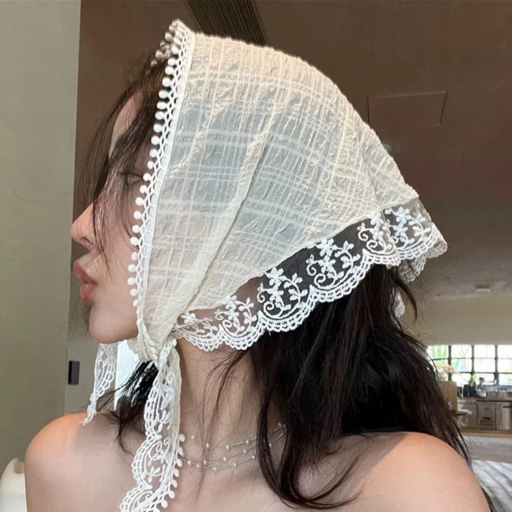 Sciarpa triangolare bianca in pizzo per donna, dolce turbante in pizzo, accessori per capelli
