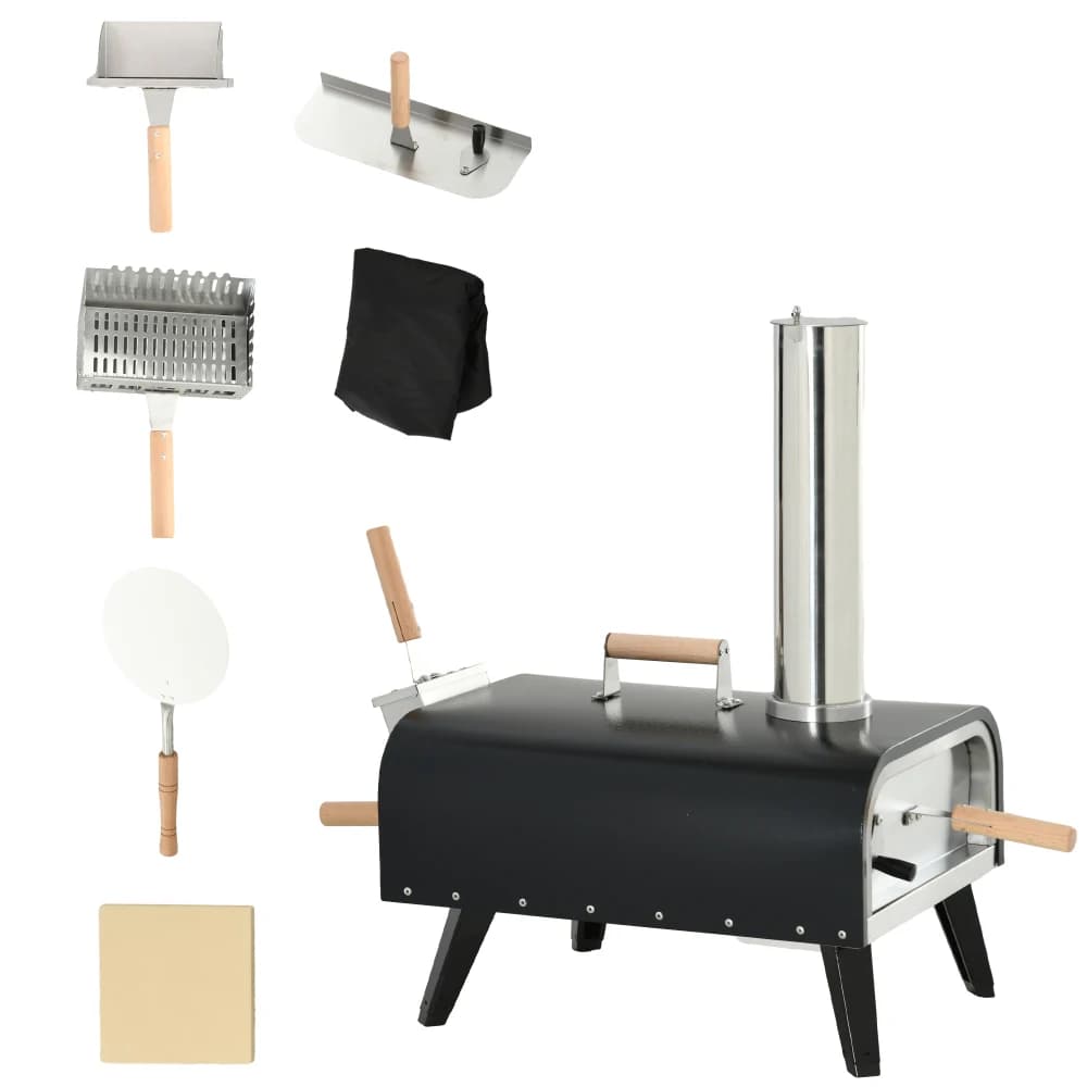 Forno per pizza da esterno Outsunny: 12" Pietra, staccabile e copertura, pellet portatile a legna, gambe pieghevoli