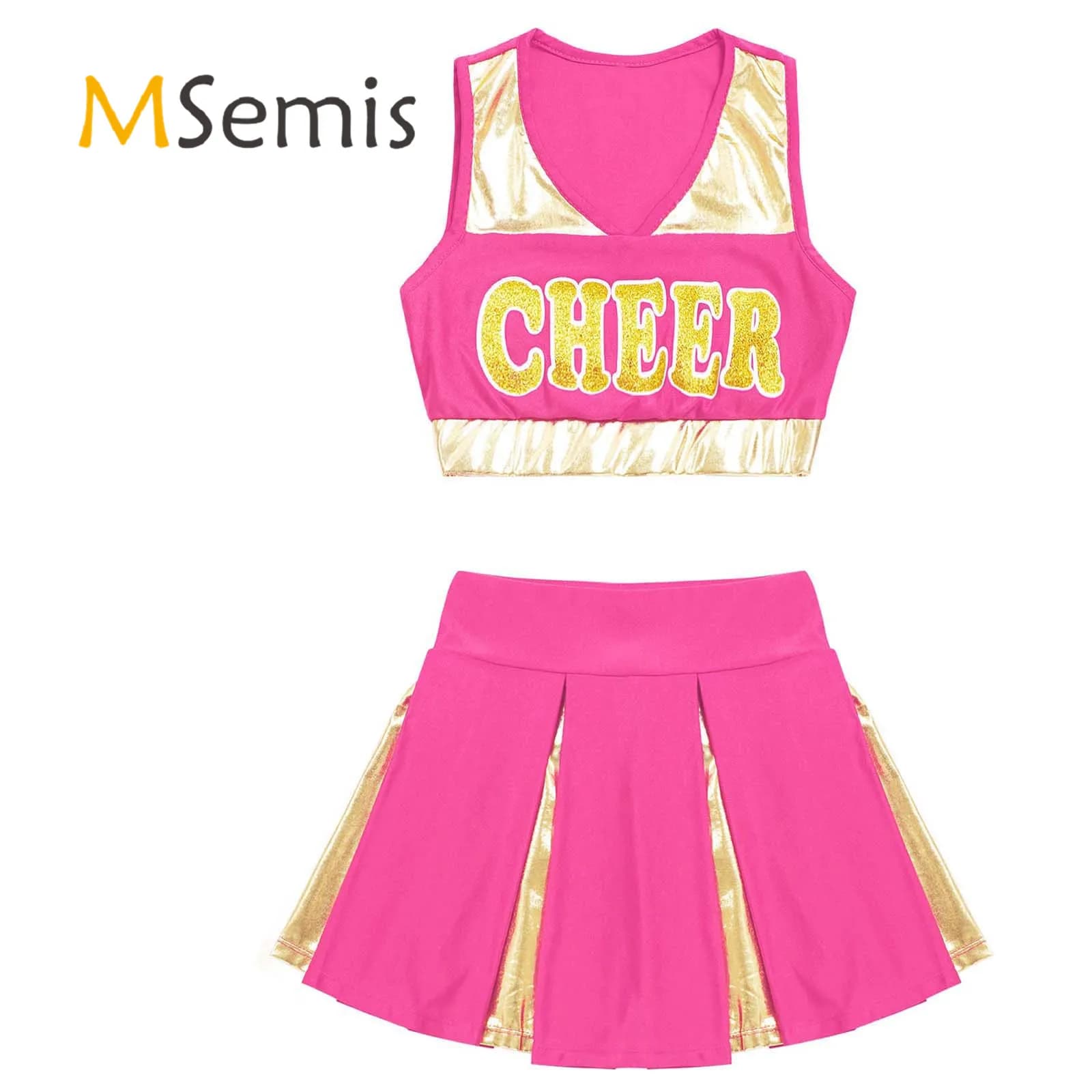 Costume da cheerleader per bambina, uniforme da cheerleader, senza maniche, scollo a V, stampa di lettere, top corto con gonna elastica in vita