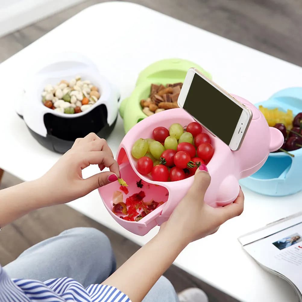 1 Pezzo Ciotola Porta Snack a Forma di Orsetto in PP, Design a Doppio Strato, con Supporto per Cellulare, Ciotola Contenitore Multifunzione, Rosa