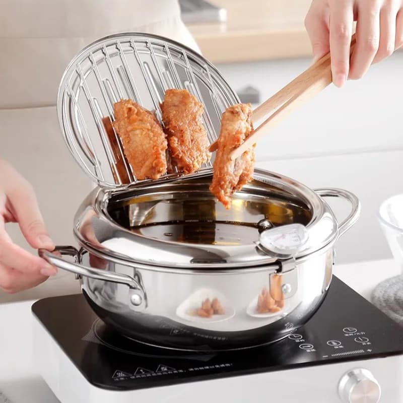 Pentola per Frittura Profonda in Acciaio Inox 304, con Scarico Olio, per Cucina a Gas/Induzione, Friggitrice per Patatine Fritte