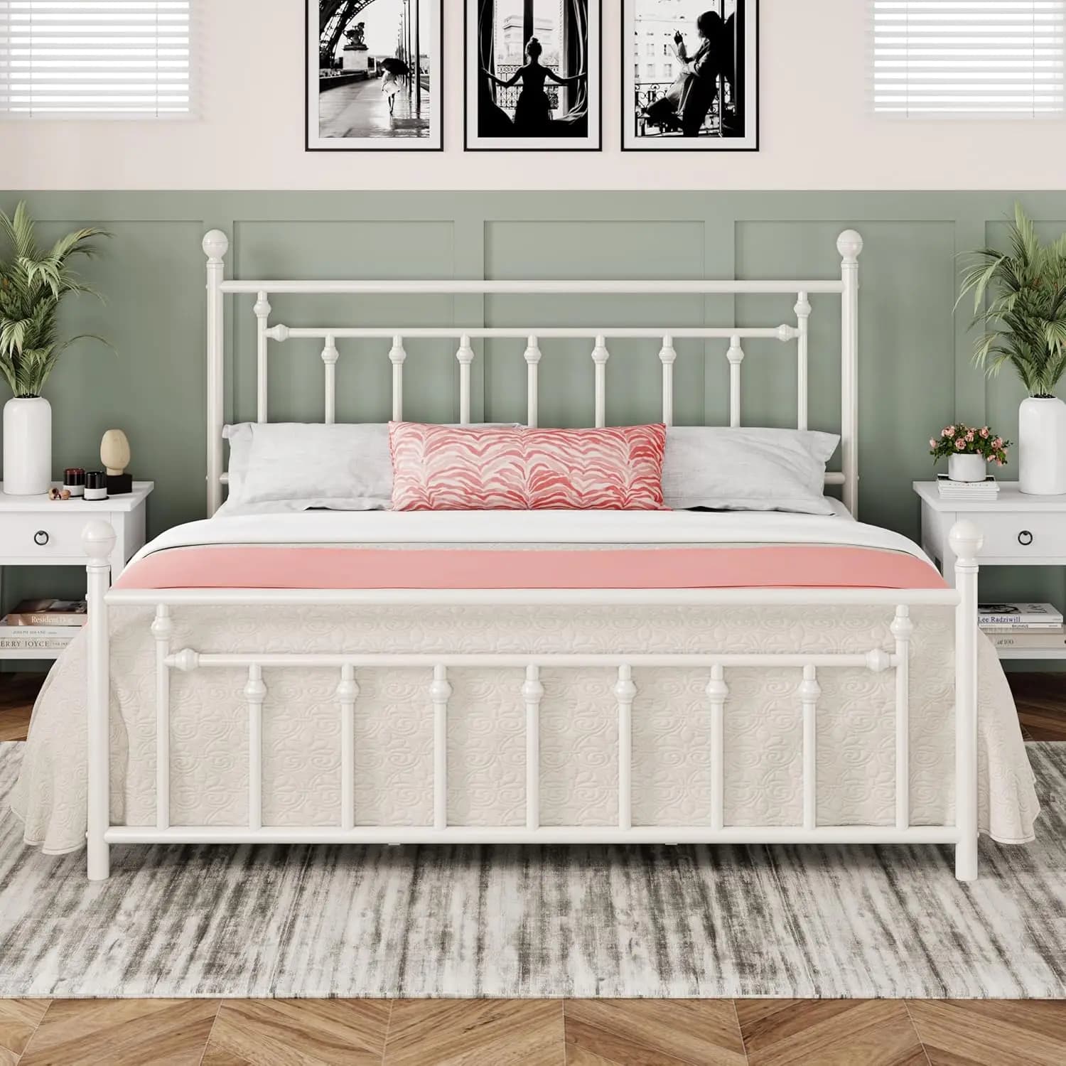 14 inch metal double bed base with vintage headboard and footboard, mattress holder, customizable