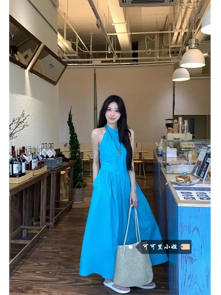 Blue Belted Women's Dress Fashionable Design Summer New Arrival Neck Hanging Long Skirt High Waist A-Line Gown Retro Style