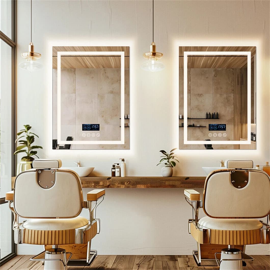 Specchio rettangolare per montaggio a parete Specchio da bagno intelligente a LED con altoparlante Bluetooth, tempo, temperatura, memoria luminosa, anteriore e retroilluminato, antiappannamento