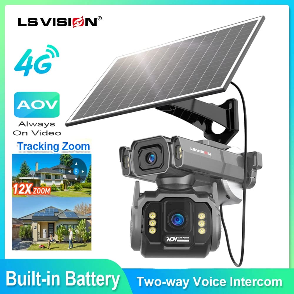 Telecamera Solare LS VISION 8MP 4K 4G AOV con Registrazione Video 24/7, Telecamera di Sorveglianza Wireless da Esterno con Zoom 12X, Batteria e Visione Notturna