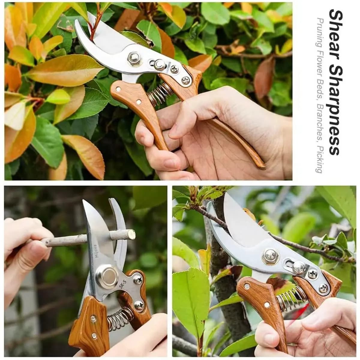Forbici da Giardino A89X, Cesoie da Potatura con Blocco Regolabile per il Pollice, Attrezzi Manuali da Giardinaggio (Finitura Effetto Legno)