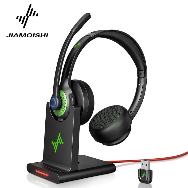 JIAMQISHI EH02P Wireless headphones with charging base Headphones with microphone with noise cancellation AI Bluetooth V5.2 with USB dongle
