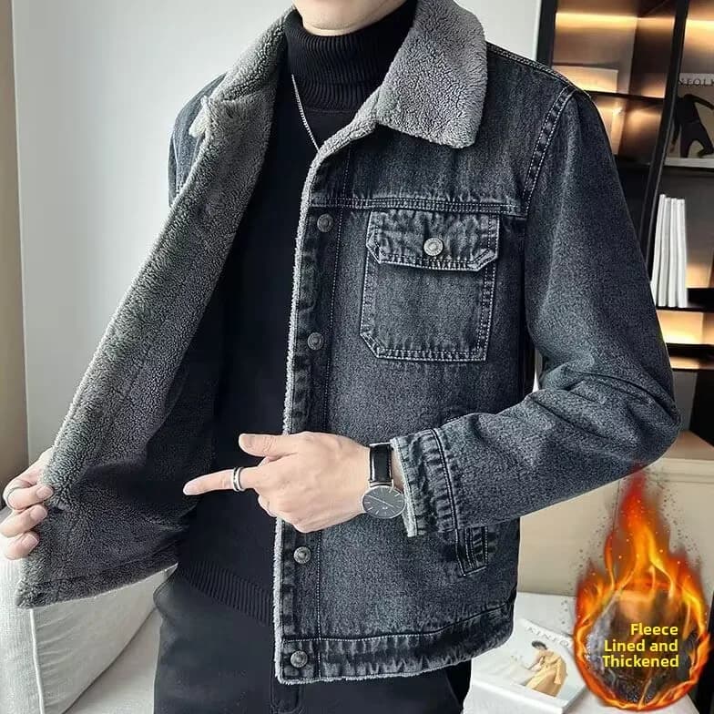 Men's Workwear Denim Jacket with Fleece Durable for Labor Protection Autumn Winter Coat Youth Fashion Thickened Warm