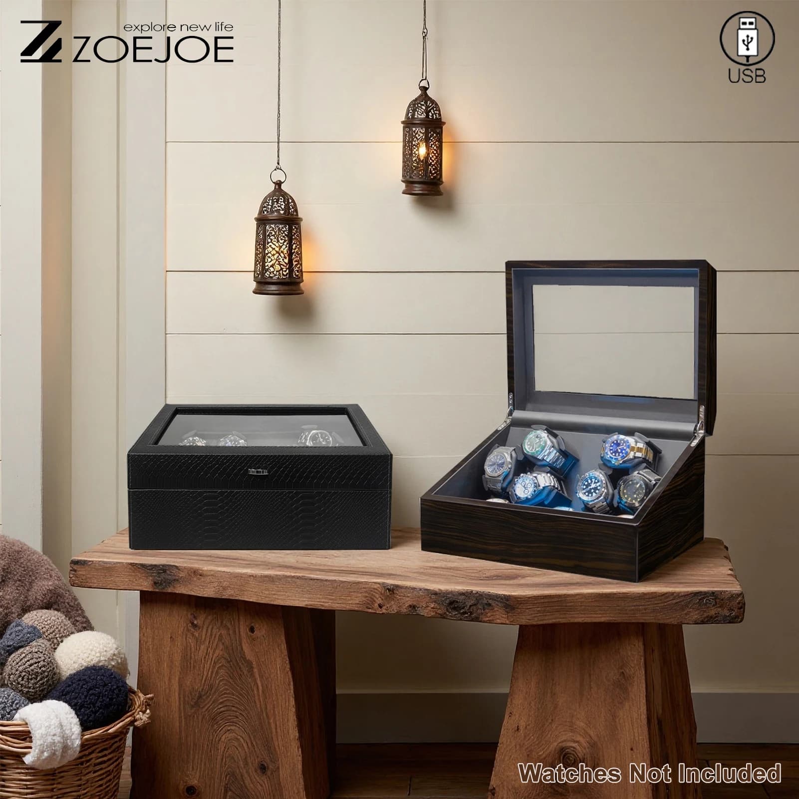 ZOEJOE Avvolgitore automatico per orologi Cavo USB in pelle PU Scatola di immagazzinaggio Wath a basso rumore con regali di compleanno leggeri per uomini e donne