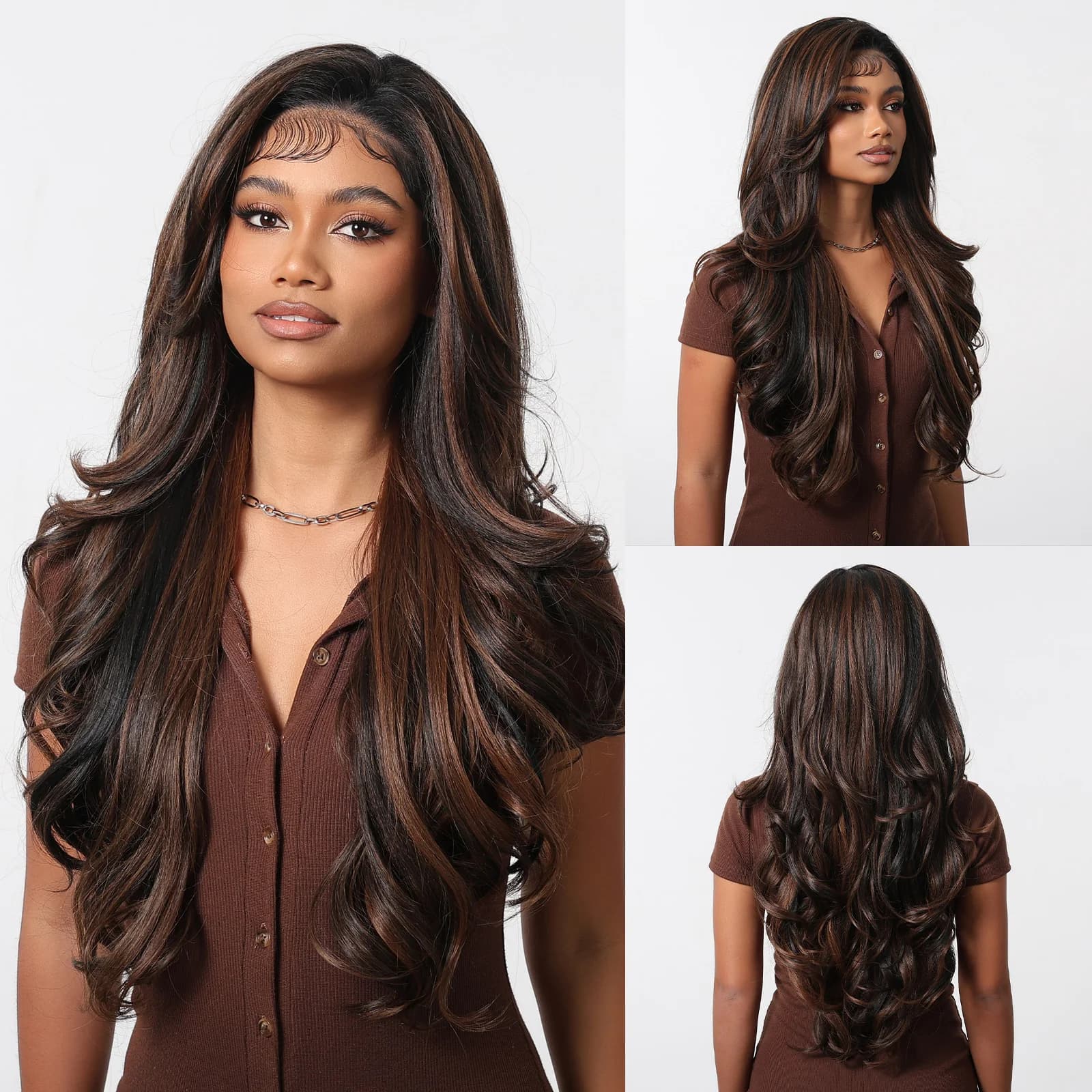 ELEMENT 13*6 Lace Front Synthetic Wigs Wavy Dark Brown with Light Brown Color Daily Party Wig for Women Ladies Natural Use